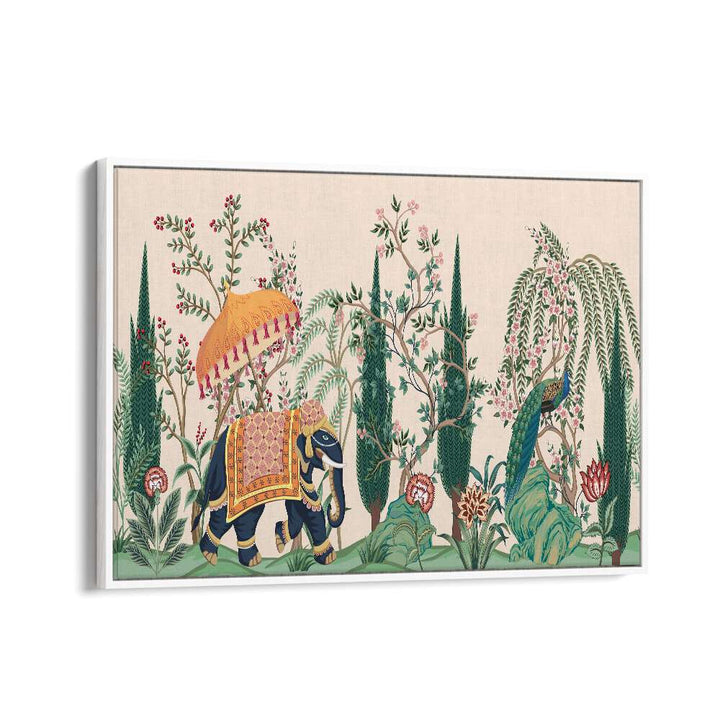 Vibrant ELEPHANT AND PEACOCK IN INDIAN GARDENS I, INDIAN ART PAINTINGS showcasing lush landscapes and elegance.