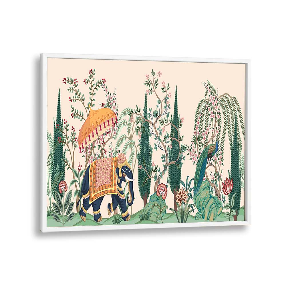Majestic elephant and peacock amidst lush greenery in ELEPHANT AND PEACOCK IN INDIAN GARDENS I, INDIAN ART PAINTINGS.