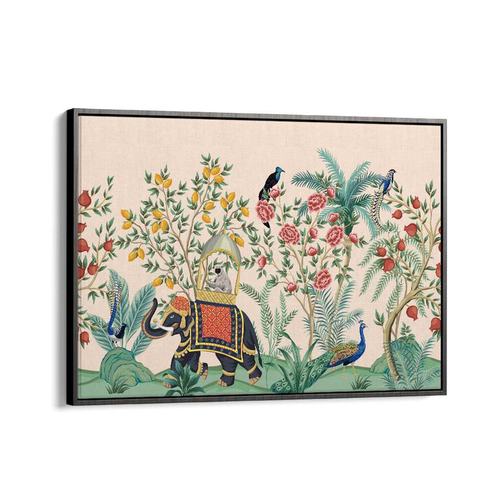 Vibrant ELEPHANT AND PEACOCK IN INDIAN GARDENS II, INDIAN ART PAINTINGS showcasing lush landscapes and artistry.