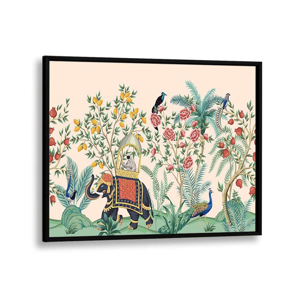 Vibrant ELEPHANT AND PEACOCK IN INDIAN GARDENS II, INDIAN ART PAINTINGS showcasing lush landscapes and rich tradition.