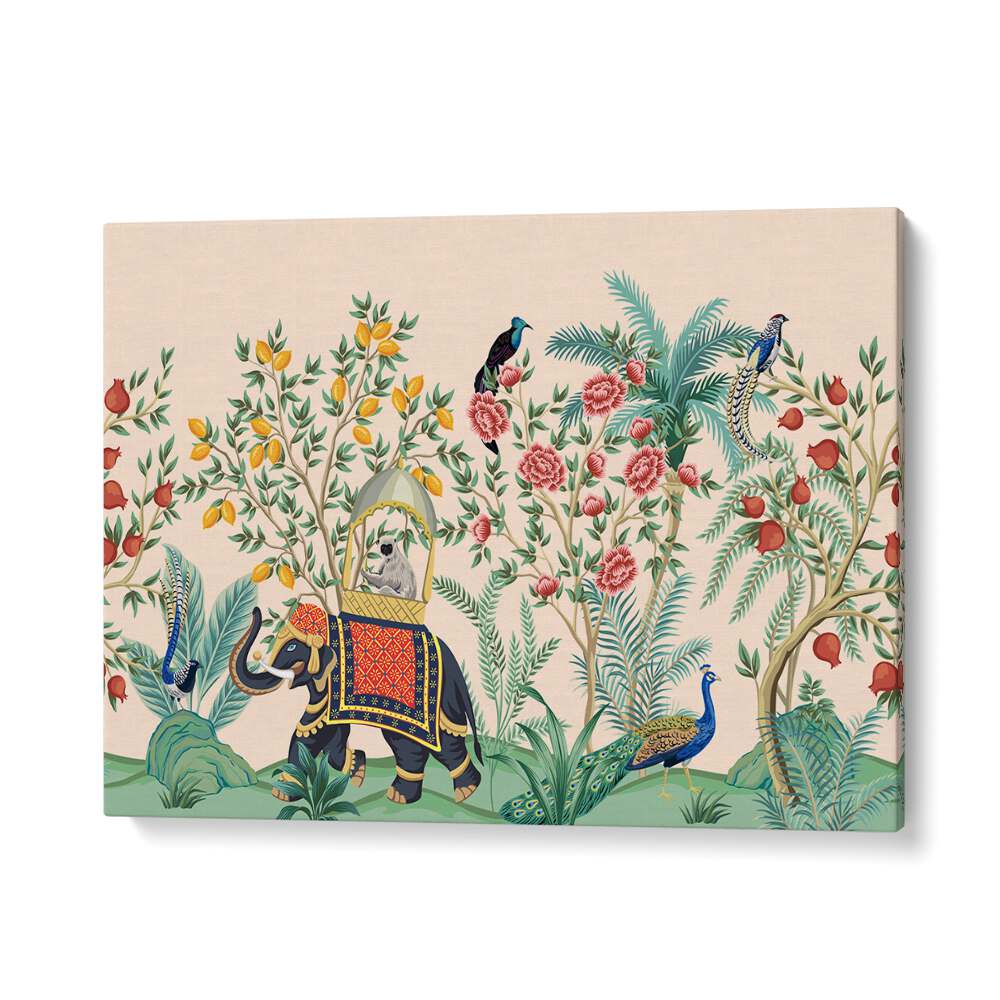 Vibrant ELEPHANT AND PEACOCK IN INDIAN GARDENS II, INDIAN ART PAINTINGS, showcasing India's rich landscapes and culture.