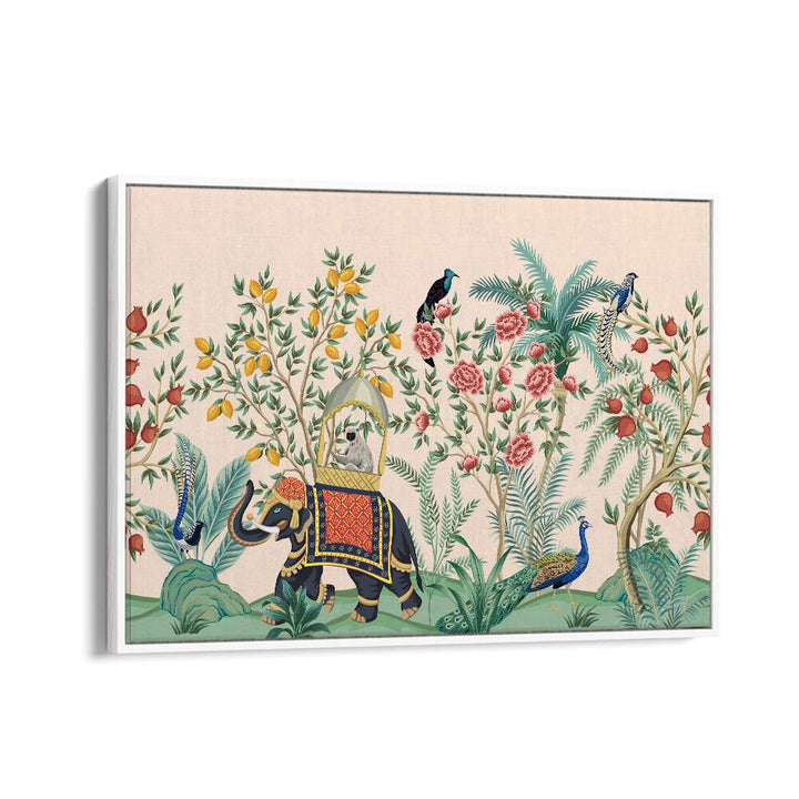 Vibrant ELEPHANT AND PEACOCK IN INDIAN GARDENS II, INDIAN ART PAINTINGS showcasing India's lush landscapes and artistry.