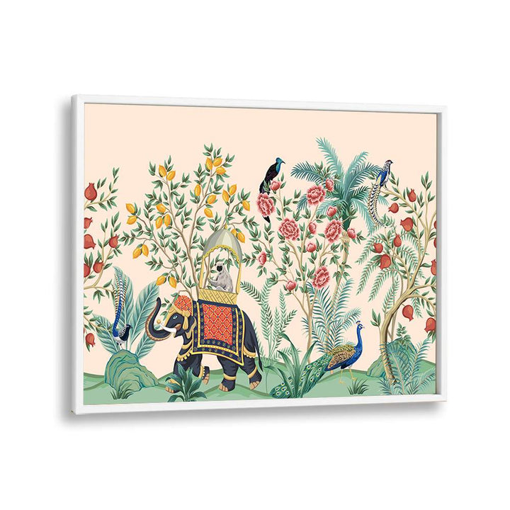 Vibrant ELEPHANT AND PEACOCK IN INDIAN GARDENS II, INDIAN ART PAINTINGS showcasing lush Indian landscapes and tradition.