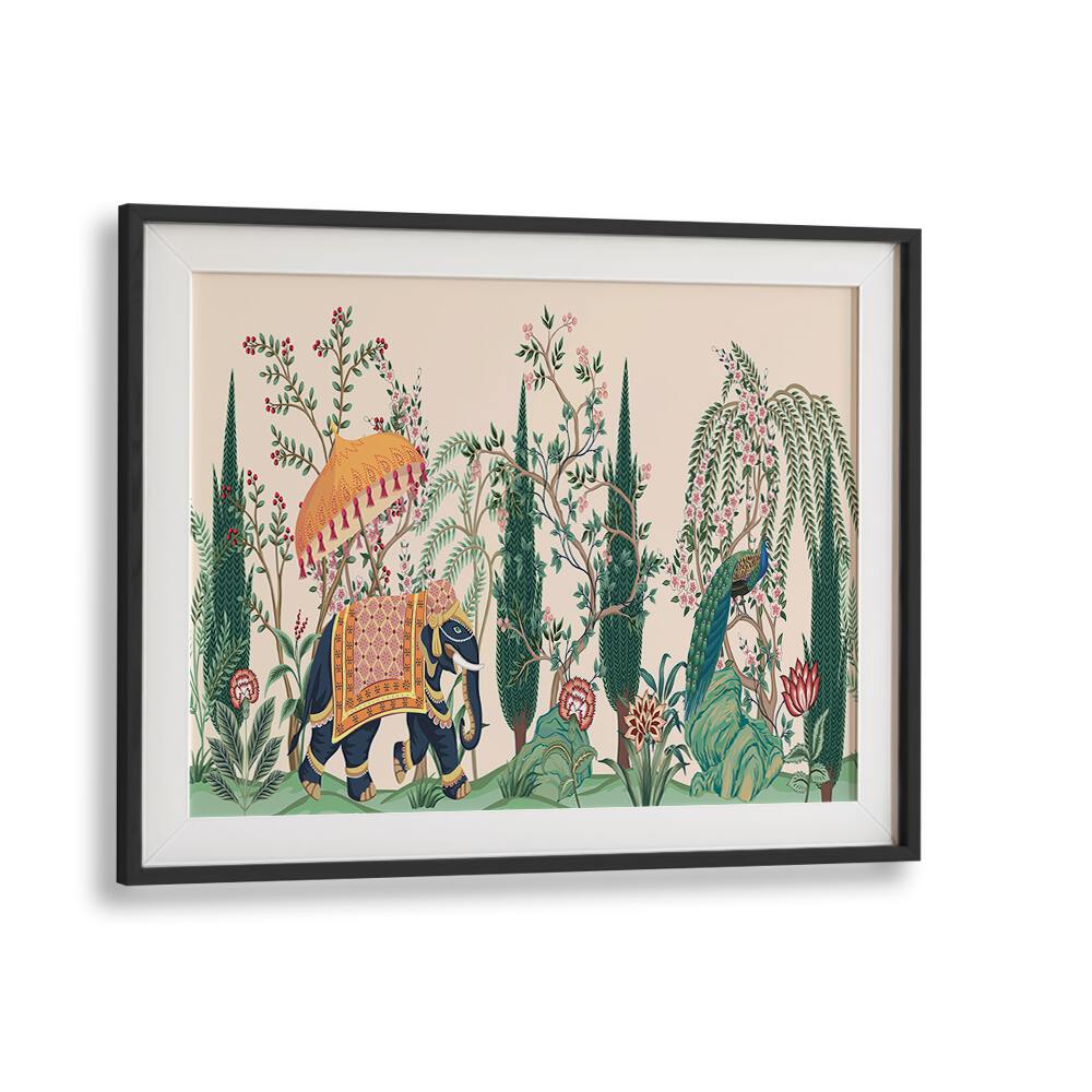 Vibrant ELEPHANT AND PEACOCK IN INDIAN GARDENS I, INDIAN ART PAINTINGS showcasing beauty in flourishing gardens.