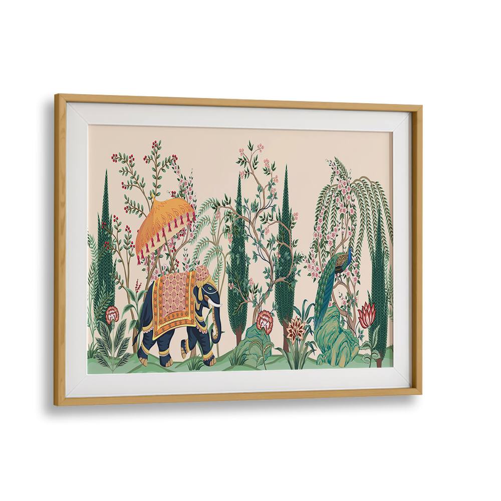 Elegant ELEPHANT AND PEACOCK IN INDIAN GARDENS I, INDIAN ART PAINTINGS in a vibrant, framed masterpiece for your decor.