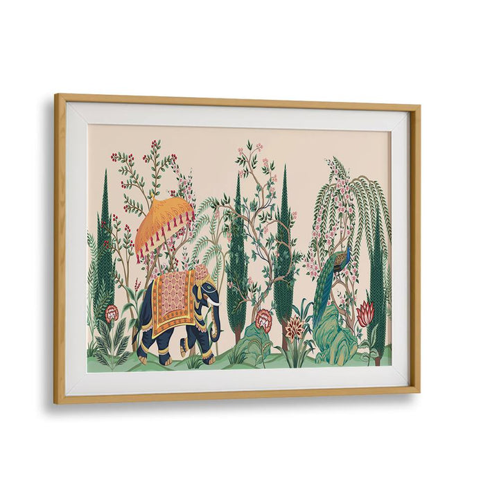 Elegant ELEPHANT AND PEACOCK IN INDIAN GARDENS I, INDIAN ART PAINTINGS in a vibrant, framed masterpiece for your decor.