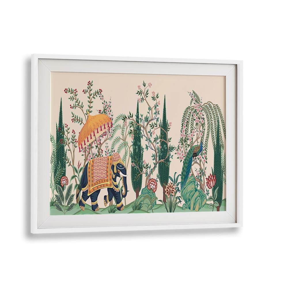 Explore the vibrant ELEPHANT AND PEACOCK IN INDIAN GARDENS I, INDIAN ART PAINTINGS, perfect for elegant decor.
