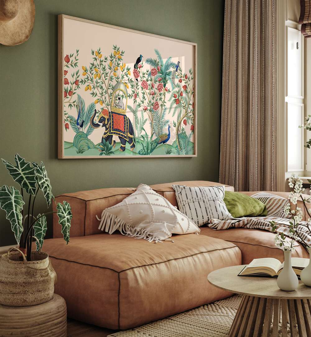 Vibrant ELEPHANT AND PEACOCK IN INDIAN GARDENS II, INDIAN ART PAINTINGS showcasing lush landscapes and rich tradition.