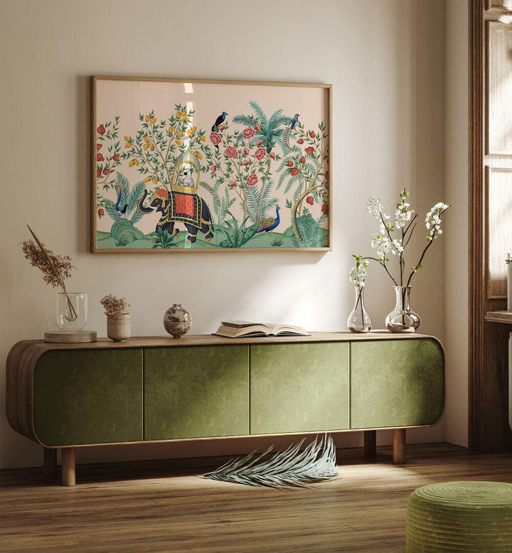 Vibrant ELEPHANT AND PEACOCK IN INDIAN GARDENS II, INDIAN ART PAINTINGS showcasing lush landscapes and artistry.
