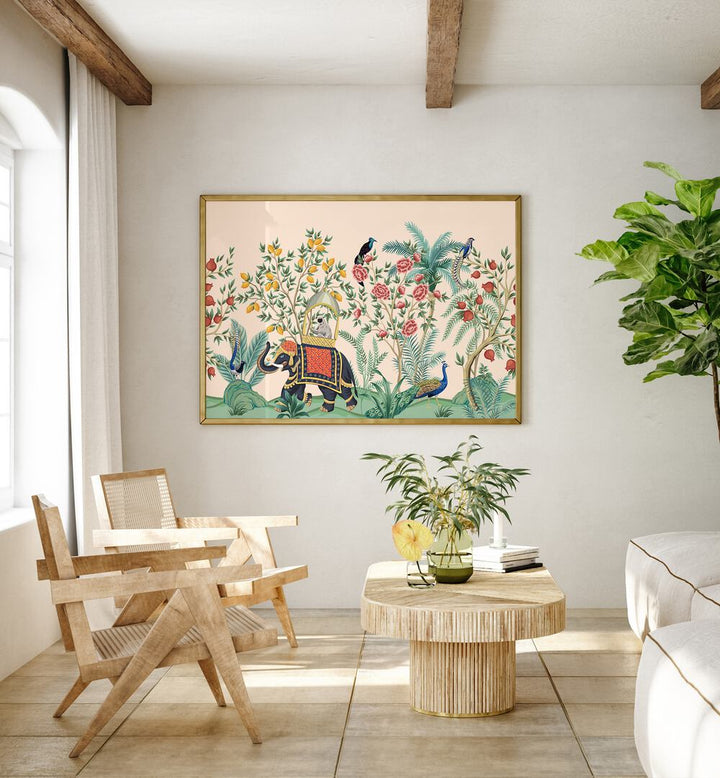 Vibrant ELEPHANT AND PEACOCK IN INDIAN GARDENS II, INDIAN ART PAINTINGS blending tradition and nature in lush landscapes.