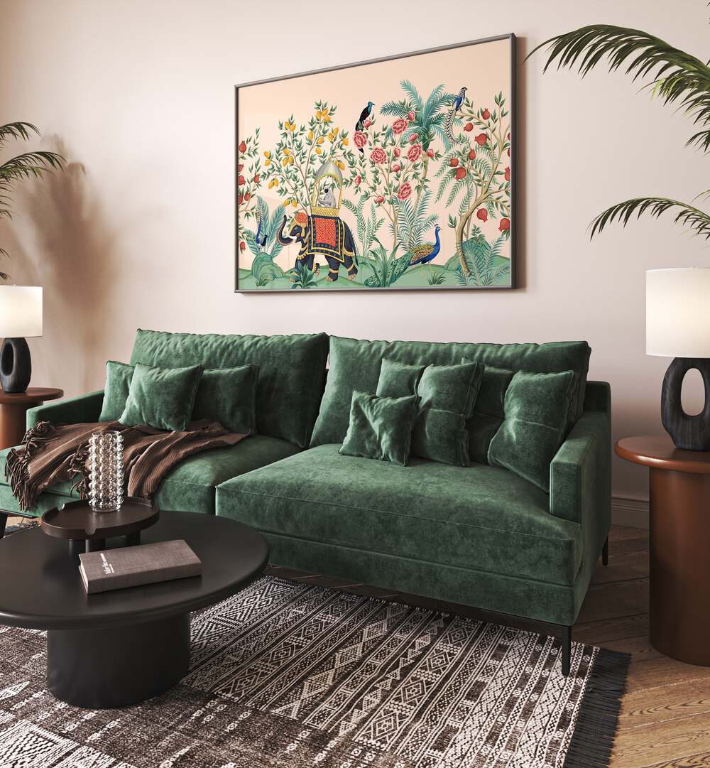 Vibrant ELEPHANT AND PEACOCK IN INDIAN GARDENS II, INDIAN ART PAINTINGS enhancing a stylish living room setting.