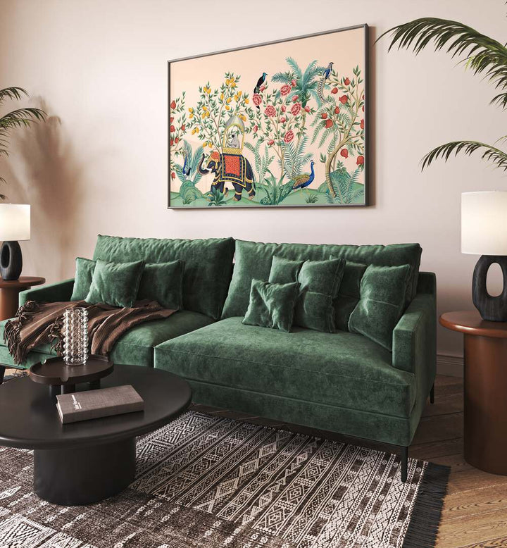 Vibrant ELEPHANT AND PEACOCK IN INDIAN GARDENS II, INDIAN ART PAINTINGS enhancing a stylish living room setting.