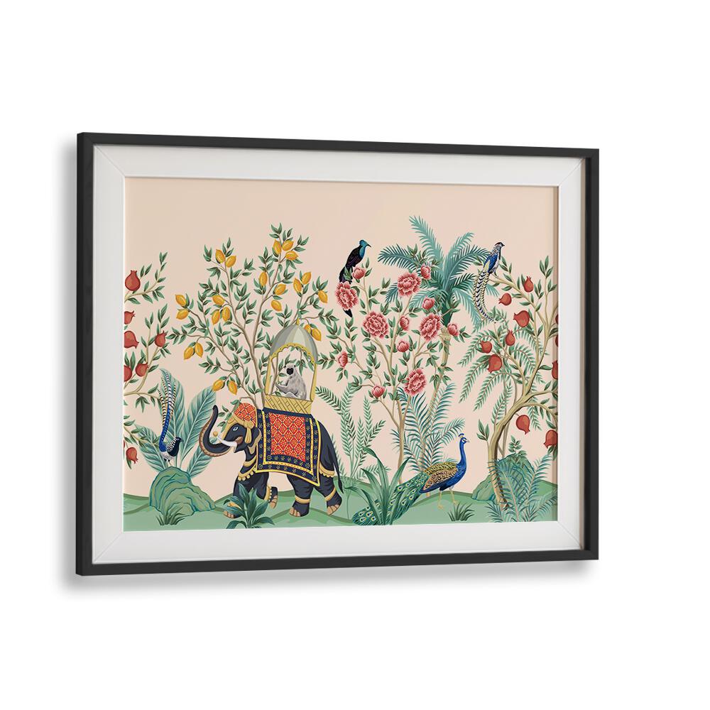 Colorful ELEPHANT AND PEACOCK IN INDIAN GARDENS II, INDIAN ART PAINTINGS, showcasing vibrant Indian landscapes.