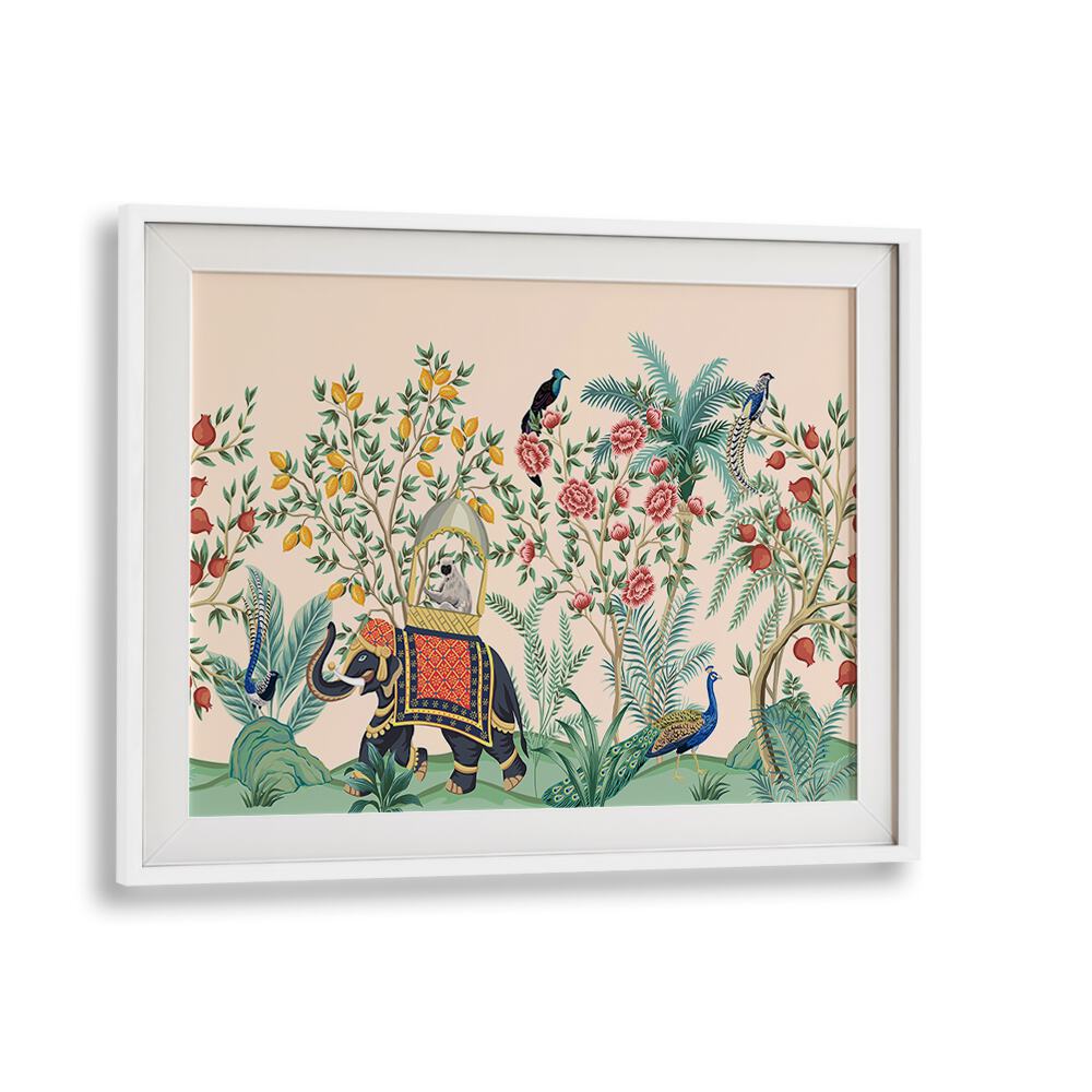 Majestic elephant and peacock in vibrant Indian gardens II, showcasing Indian art paintings' beauty and tradition.