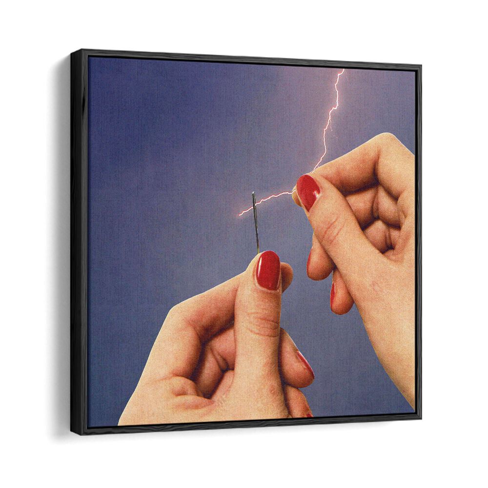 Captivating ELYSIAN THREAD, SURREAL ART PRINTS feature hands holding a needle and lightning, perfect for modern decor.