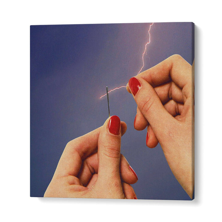 Hands holding a needle with electric sparks, showcasing ELYSIAN THREAD, SURREAL ART PRINTS by Vertigo Artography.