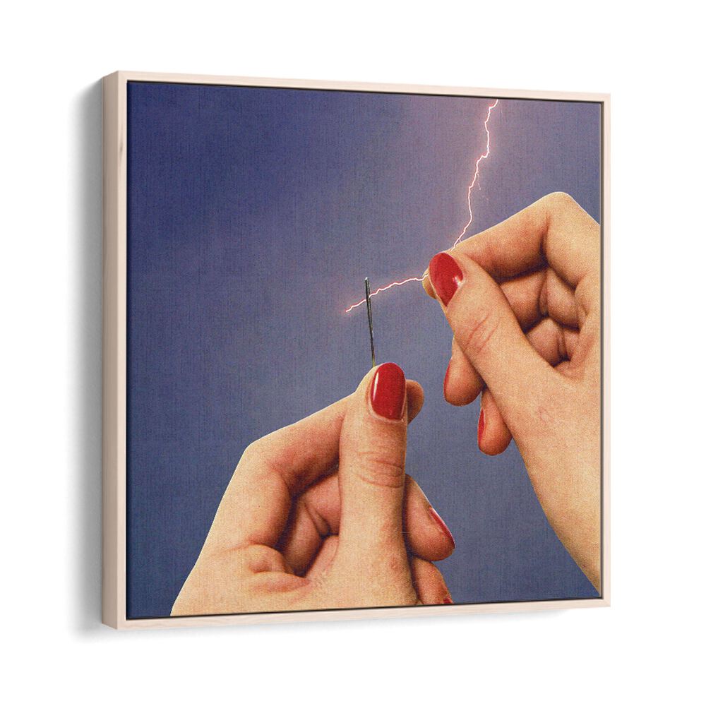 Captivating ELYSIAN THREAD, SURREAL ART PRINTS showcase hands threading a needle against an electrifying backdrop.