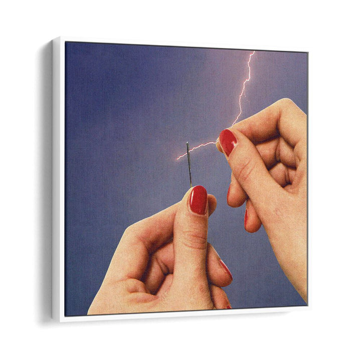 Elevate your space with ELYSIAN THREAD, SURREAL ART PRINTS showcasing dynamic hands and a needle against a vibrant backdrop.