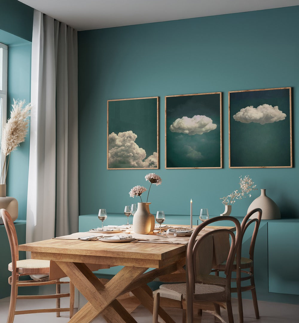 Transform your home with the EMERALD CLOUDS SET, SET OF 3 PAINTINGS, showcasing serene emerald green hues and clouds.