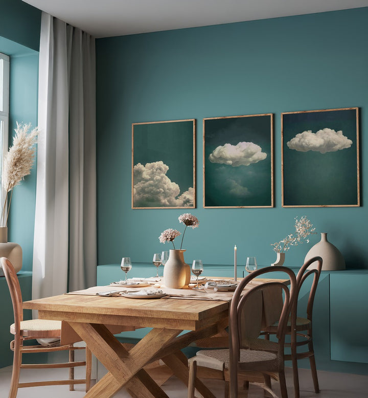 Transform your home with the EMERALD CLOUDS SET, SET OF 3 PAINTINGS, showcasing serene emerald green hues and clouds.