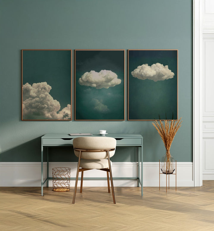 Transform your space with the EMERALD CLOUDS SET, SET OF 3 PAINTINGS featuring serene emerald greens and clouds.