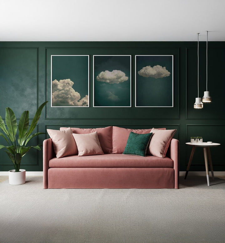 Enhance your home with the EMERALD CLOUDS SET, SET OF 3 PAINTINGS, showcasing serene emerald hues and clouds.
