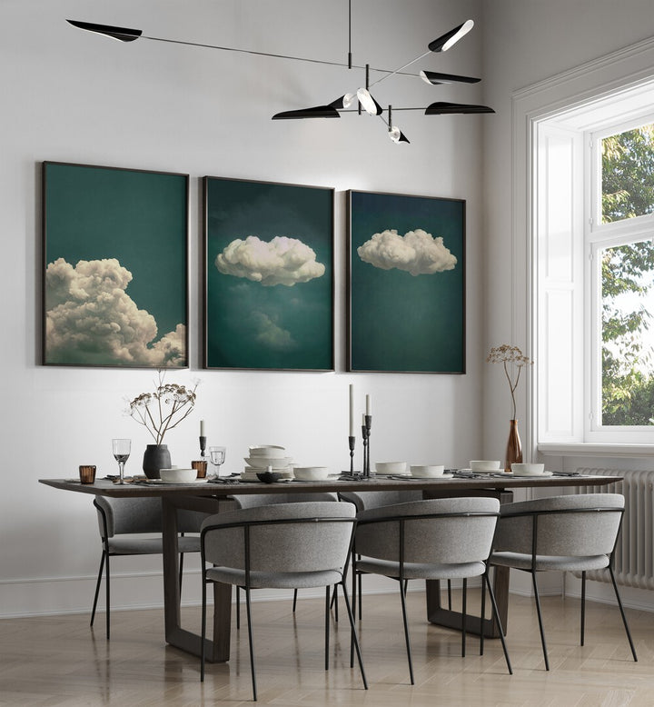 Enhance your decor with the EMERALD CLOUDS SET, SET OF 3 PAINTINGS, showcasing serene emerald tones and clouds.