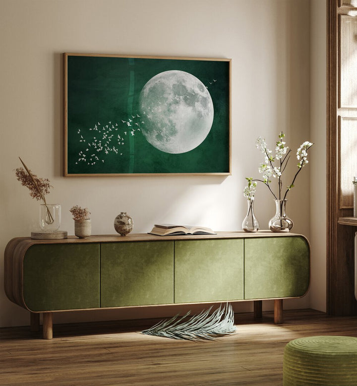 Transform your space with EMERALD MOON, LANDSCAPE PAINTINGS, showcasing a celestial scene that inspires tranquility.
