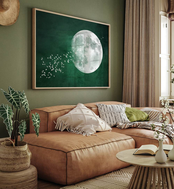 "Emerald Moon, landscape paintings bring cosmic tranquility and beauty to your space, enhancing any room's ambiance."