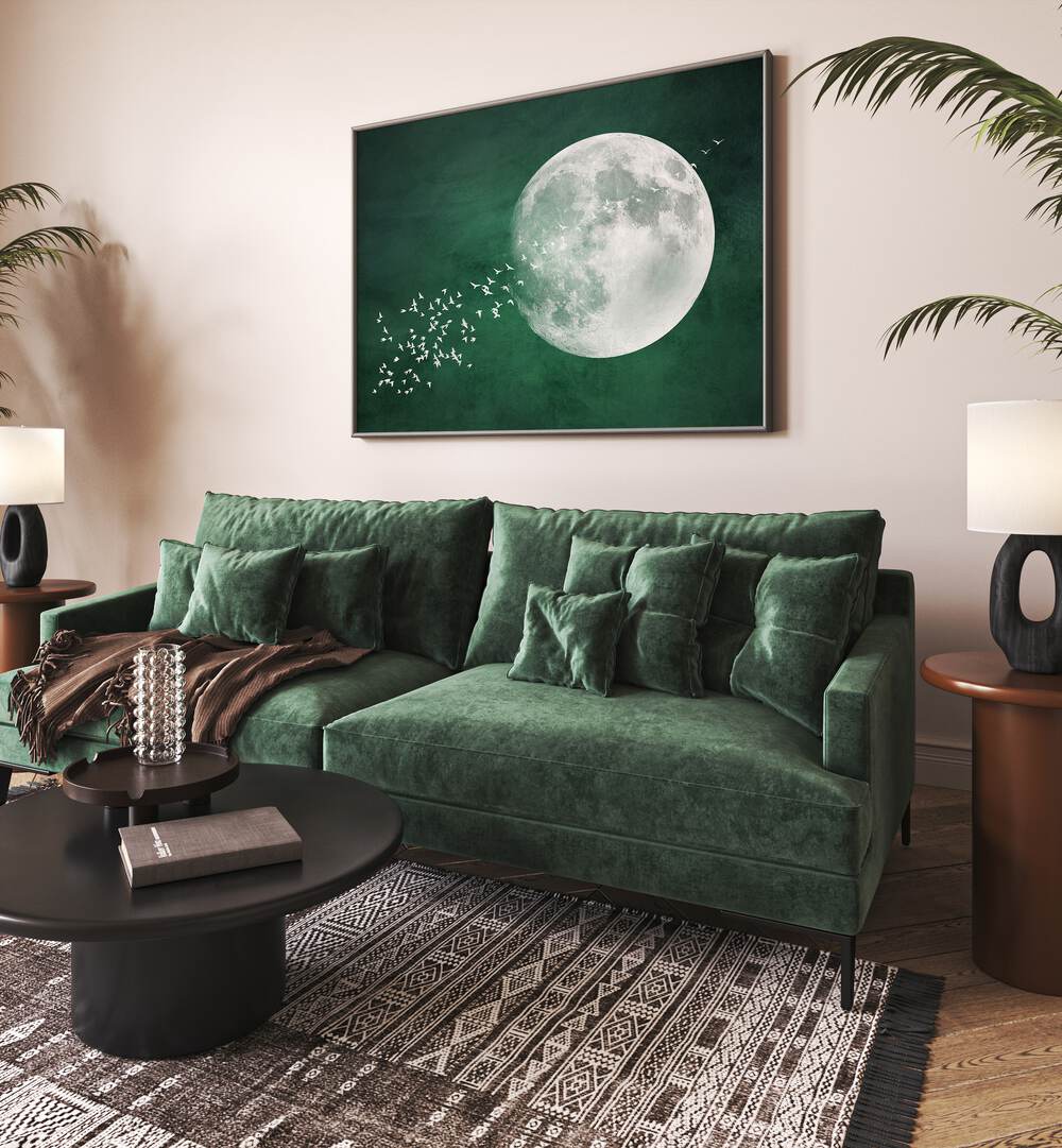 Elegant living room featuring "Emerald Moon" landscape painting, blending cosmic beauty with tranquility.