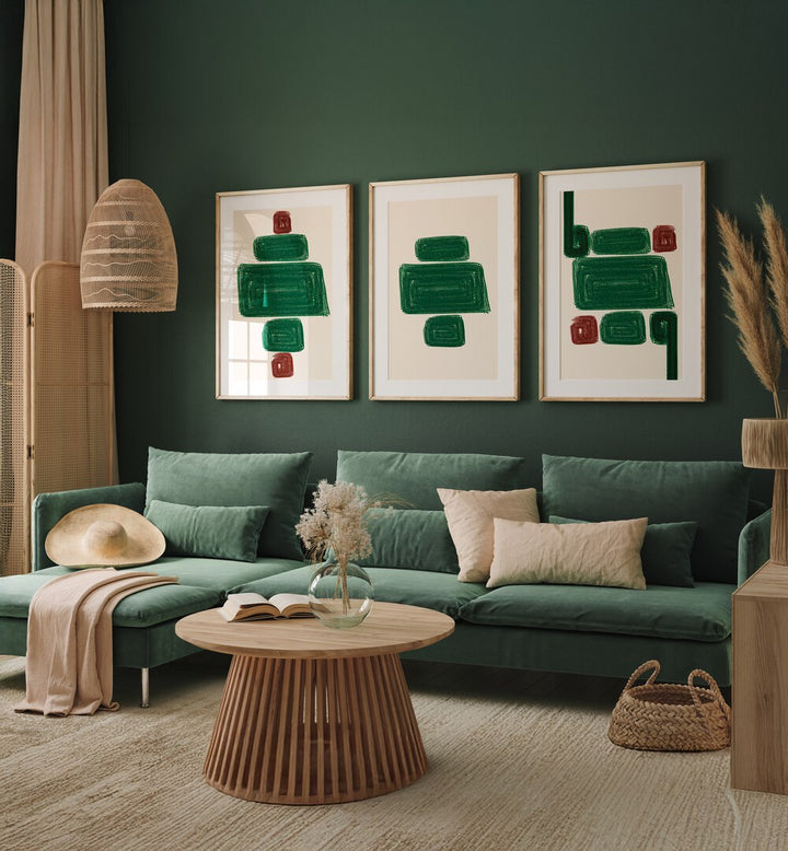 Stylish EMERALD SET, SET OF 3 PAINTINGS, enhancing a cozy living space with modern elegance and sophistication.