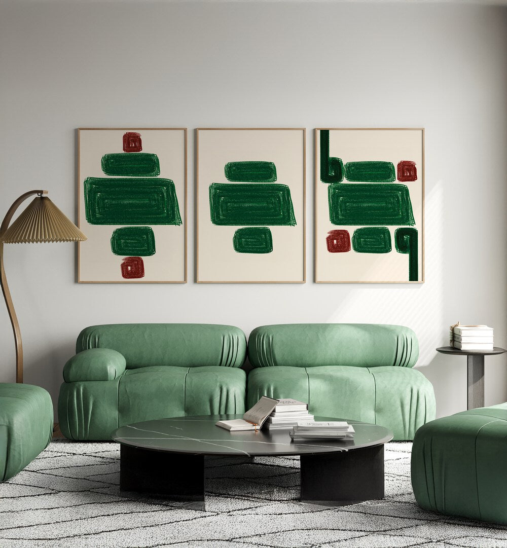 Stunning EMERALD SET, SET OF 3 PAINTINGS in a modern living room, adding elegance and sophistication to your decor.