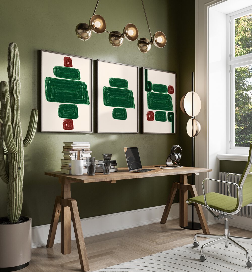 Stylish EMERALD SET, SET OF 3 PAINTINGS enhancing a modern workspace with elegance and sophistication.