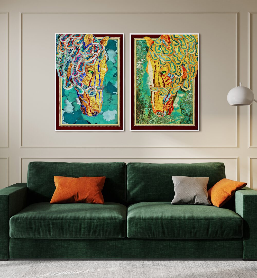 Vibrant EMERALD STALLIONS SET, SET OF 2 PAINTINGS displayed above a green couch, enhancing home decor.