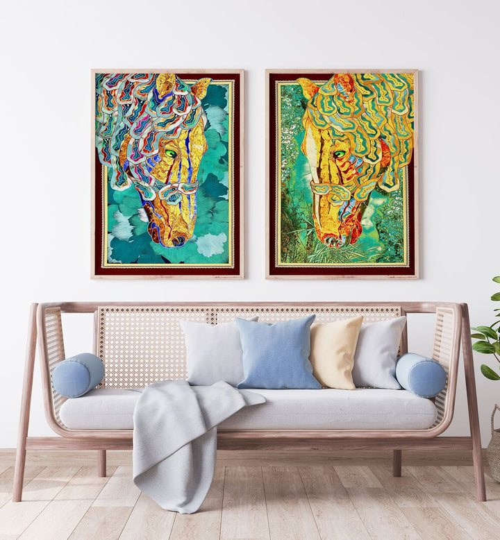 Vibrant EMERALD STALLIONS SET, SET OF 2 PAINTINGS enhancing a modern living room decor, perfect for equine art lovers.