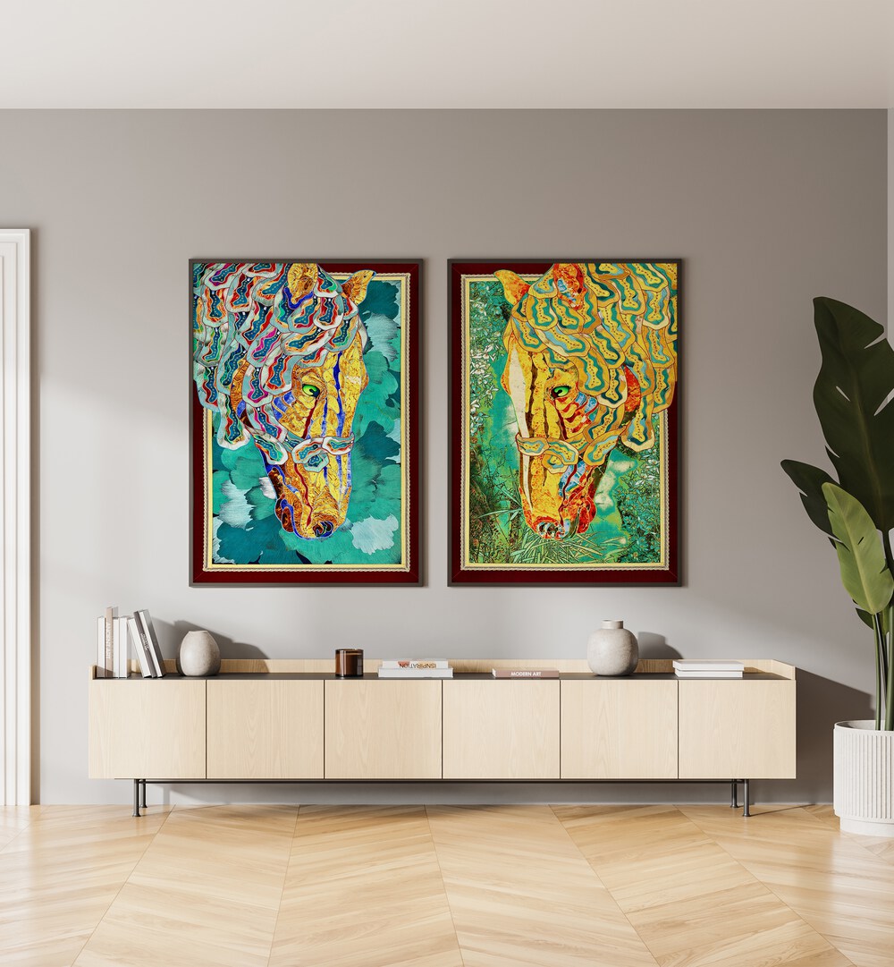Vibrant EMERALD STALLIONS SET, SET OF 2 PAINTINGS displayed in a modern living room, enhancing your decor.