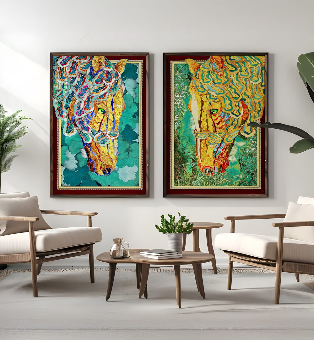Vibrant EMERALD STALLIONS SET, SET OF 2 PAINTINGS adds a colorful touch to any modern decor. Perfect for horse lovers!