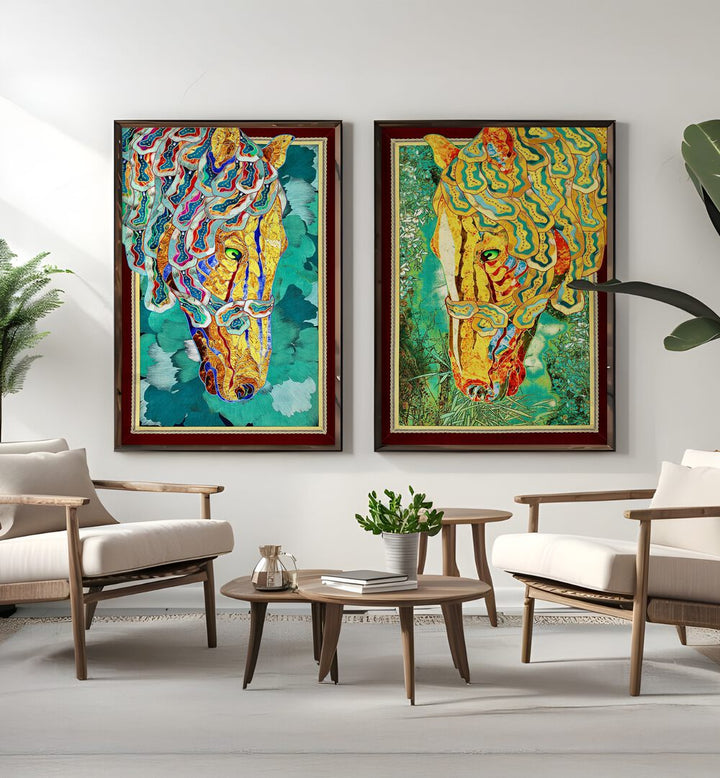 Vibrant EMERALD STALLIONS SET, SET OF 2 PAINTINGS adds a colorful touch to any modern decor. Perfect for horse lovers!
