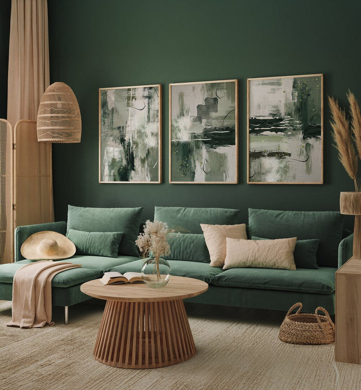 Elevate your decor with the EMERALD GROVE SET, SET OF 3 PAINTINGS, capturing nature's tranquility in your home.