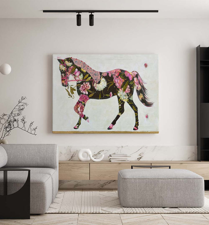 Vibrant EQUESTRIAN ELEGANCE, ANIMAL PAINTINGS adorn a modern space, showcasing the beauty of wildlife art.