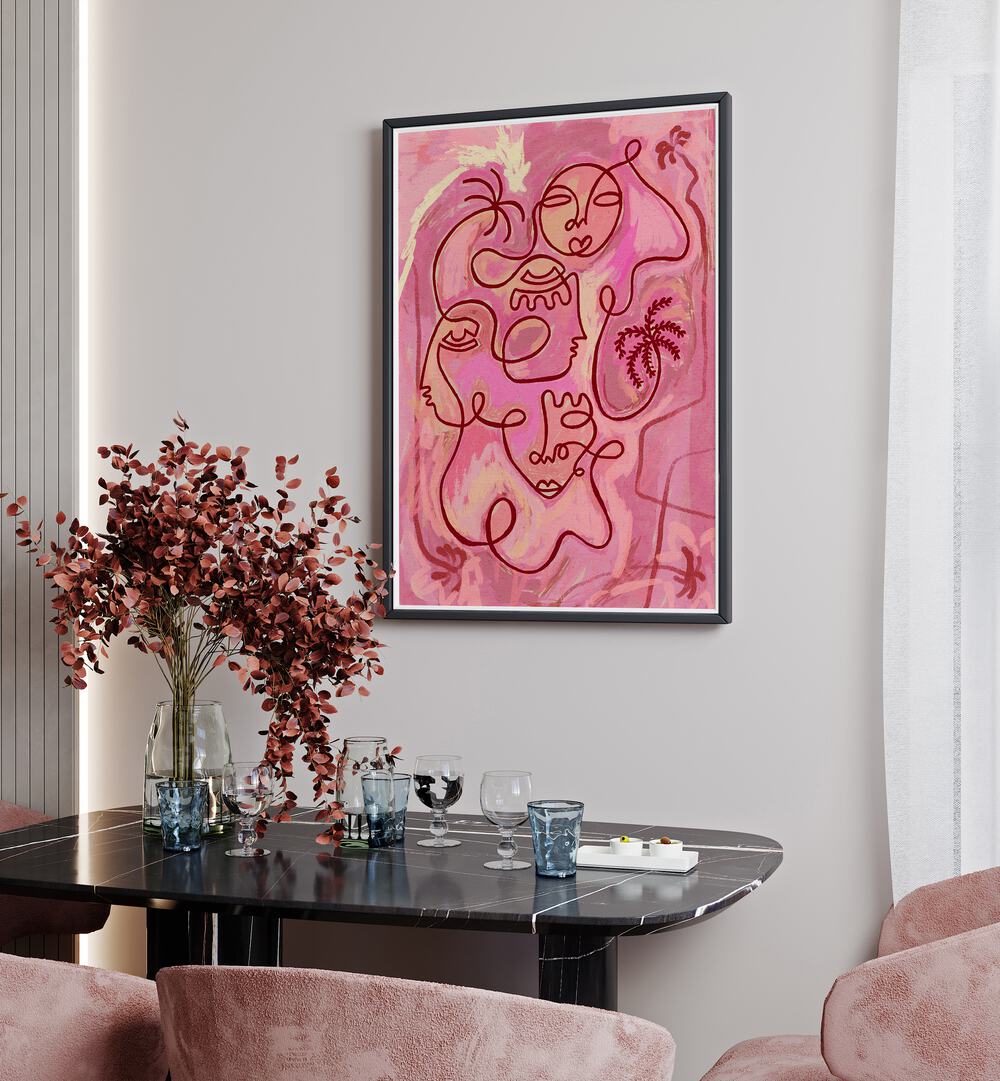 Bright pink and abstract lines create a calming vibe in ESCAPE TO PEACE, BOHO ART PAINTINGS for serene spaces.