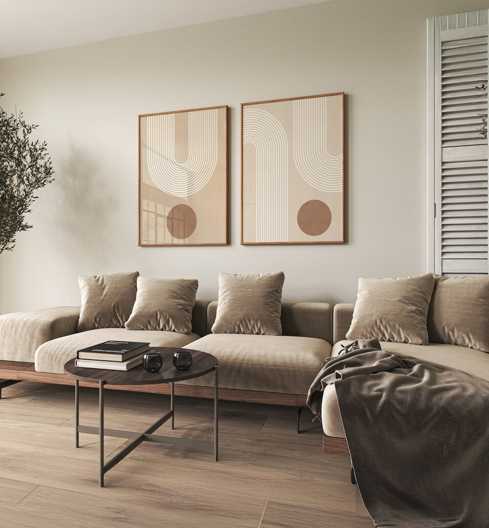 Ethereal Arcs Harmony Set, set of 2 paintings, enhances living spaces with tranquility and stylish decor.