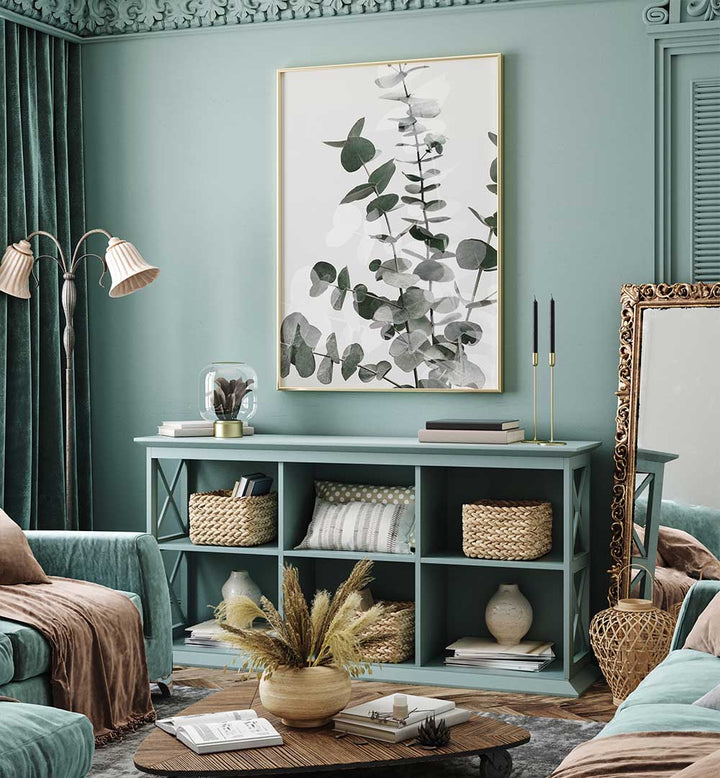 EUCALYPTUS CREATIVE VI, FLORAL FLOWER PAINTINGS enhancing a stylish living room with vibrant nature-inspired art.