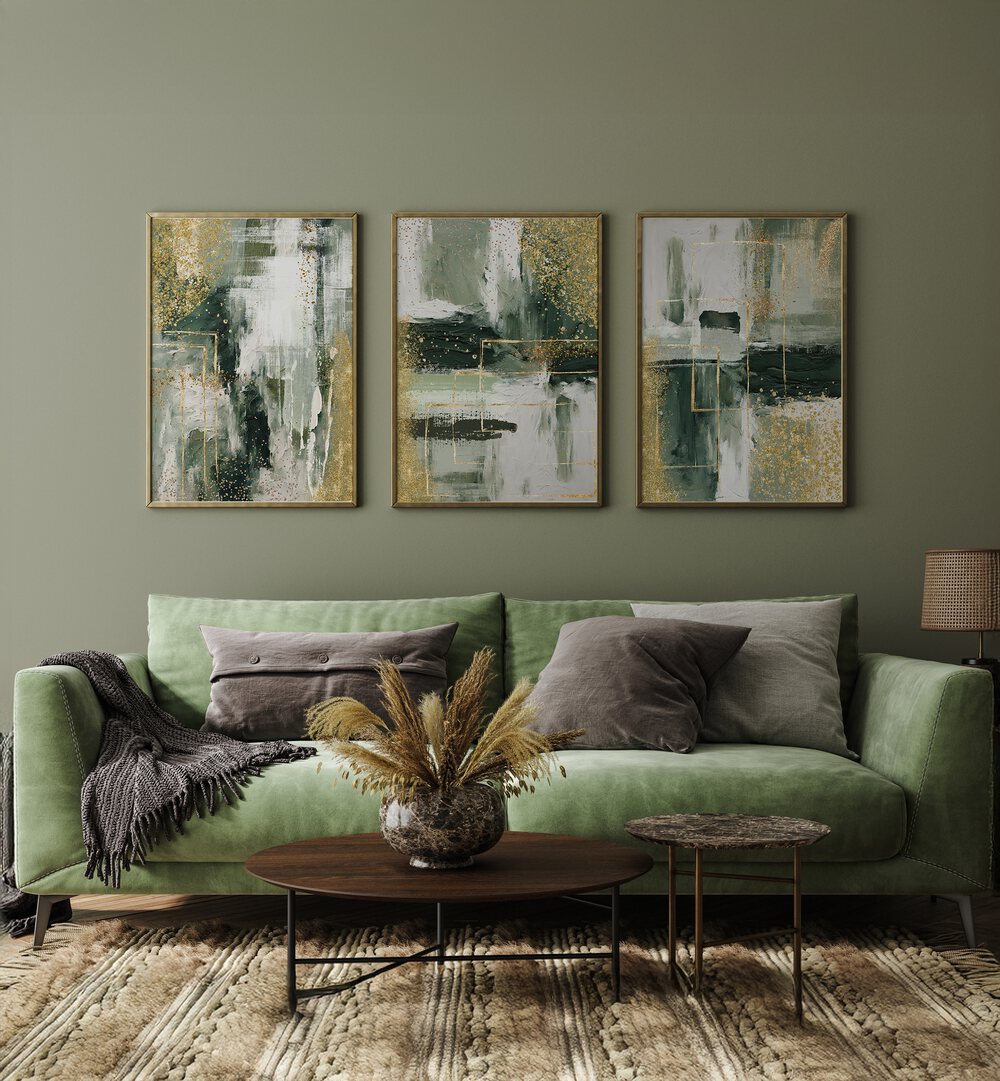 Elevate your decor with the EVERGREEN BRILLIANCE SET, SET OF 3 PAINTINGS, showcasing serene nature-inspired artistry.