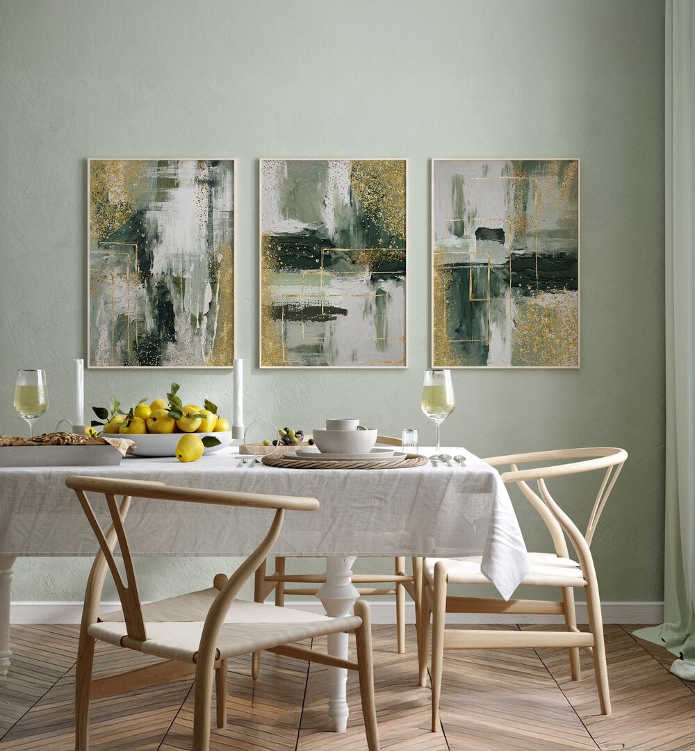 Enhance your decor with the EVERGREEN BRILLIANCE SET, SET OF 3 PAINTINGS, showcasing nature's tranquility and elegance.