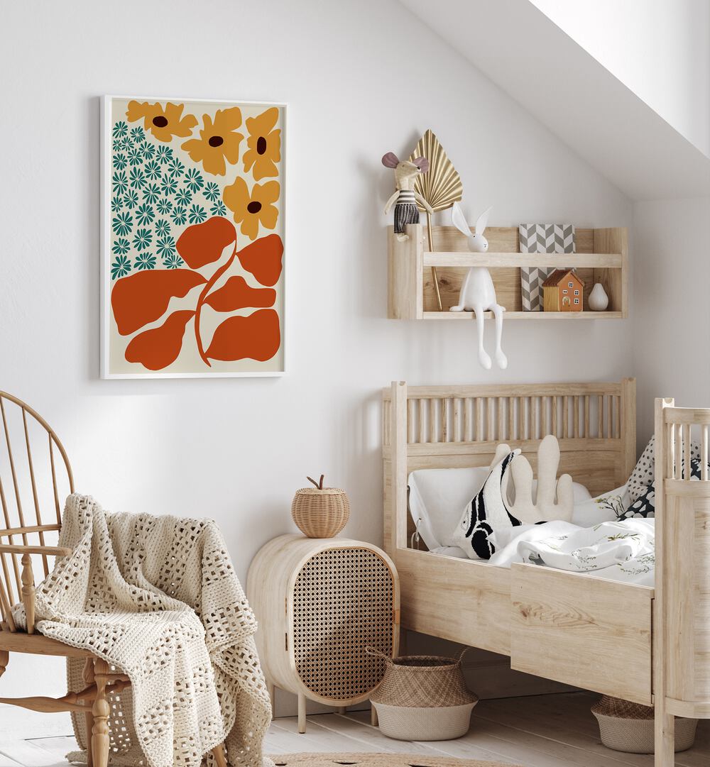 Exotic Flower Garden, Botanical Art Paintings Artwork in White Plain Frame
placed on a White Colored Wall
in the Kids Room