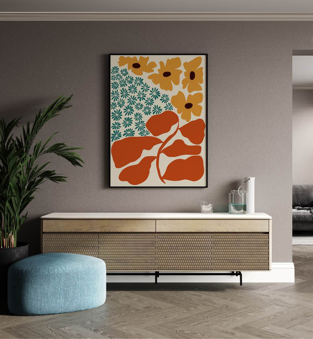 Exotic Flower Garden, Botanical Art Paintings Artwork in Black Plain Frame
placed on a Beige Colored Wall
placed above a Console Table
in the Drawing Room