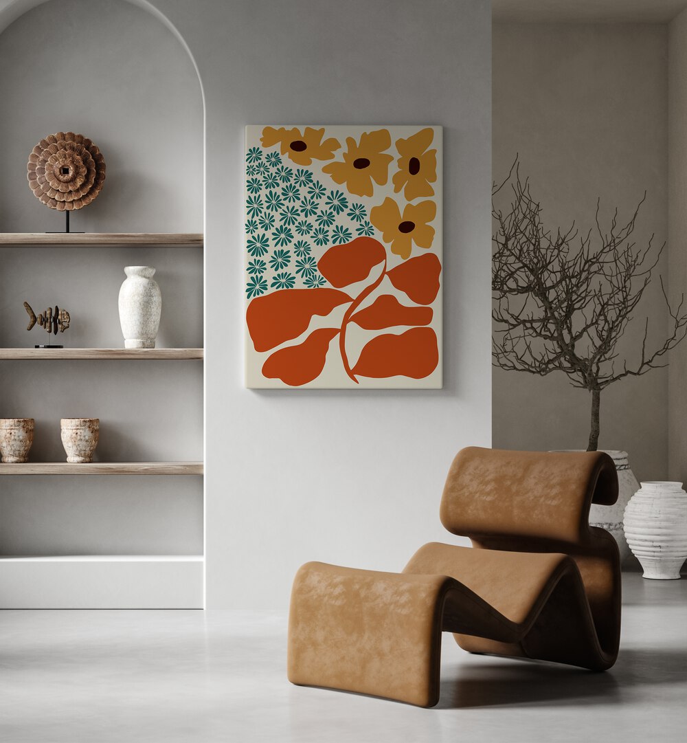 Exotic Flower Garden, Botanical Art Paintings Artwork in Gallery Wrap
placed on a White Colored Wall
near a Brown Resting Sofa Chair
in the Drawing Room