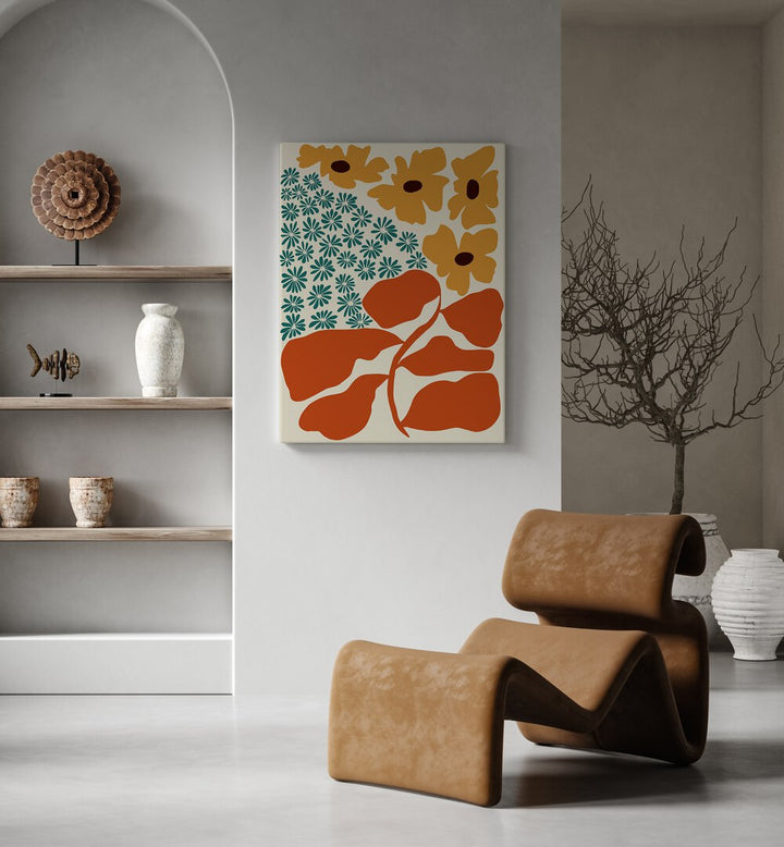 Exotic Flower Garden, Botanical Art Paintings Artwork in Gallery Wrap
placed on a White Colored Wall
near a Brown Resting Sofa Chair
in the Drawing Room