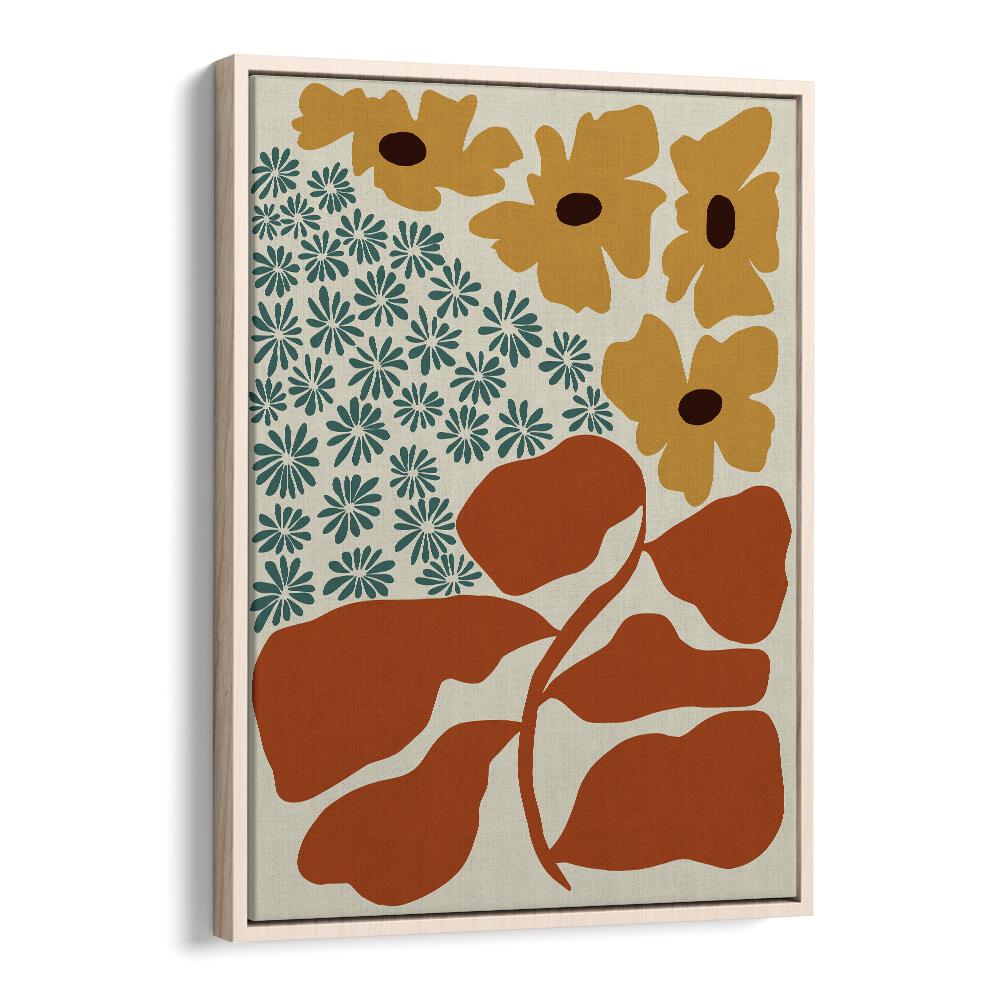 Exotic Flower Garden, Botanical Art Paintings Artwork in Oak Wood Floater Frame